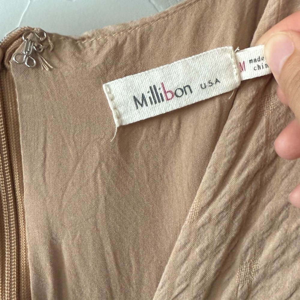 Millibon|Tan ruffled Sleeveless Tiered Dress in Brown/tan color,cottagecore boho - Picture 8 of 13